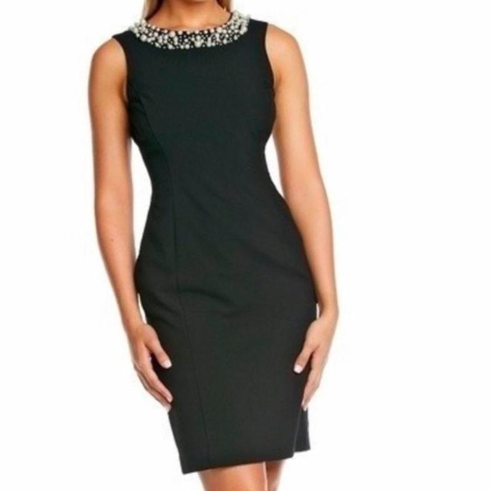 Ellen Tracy embellished pearls sleeveless sheath black‎ dress Sz 6P